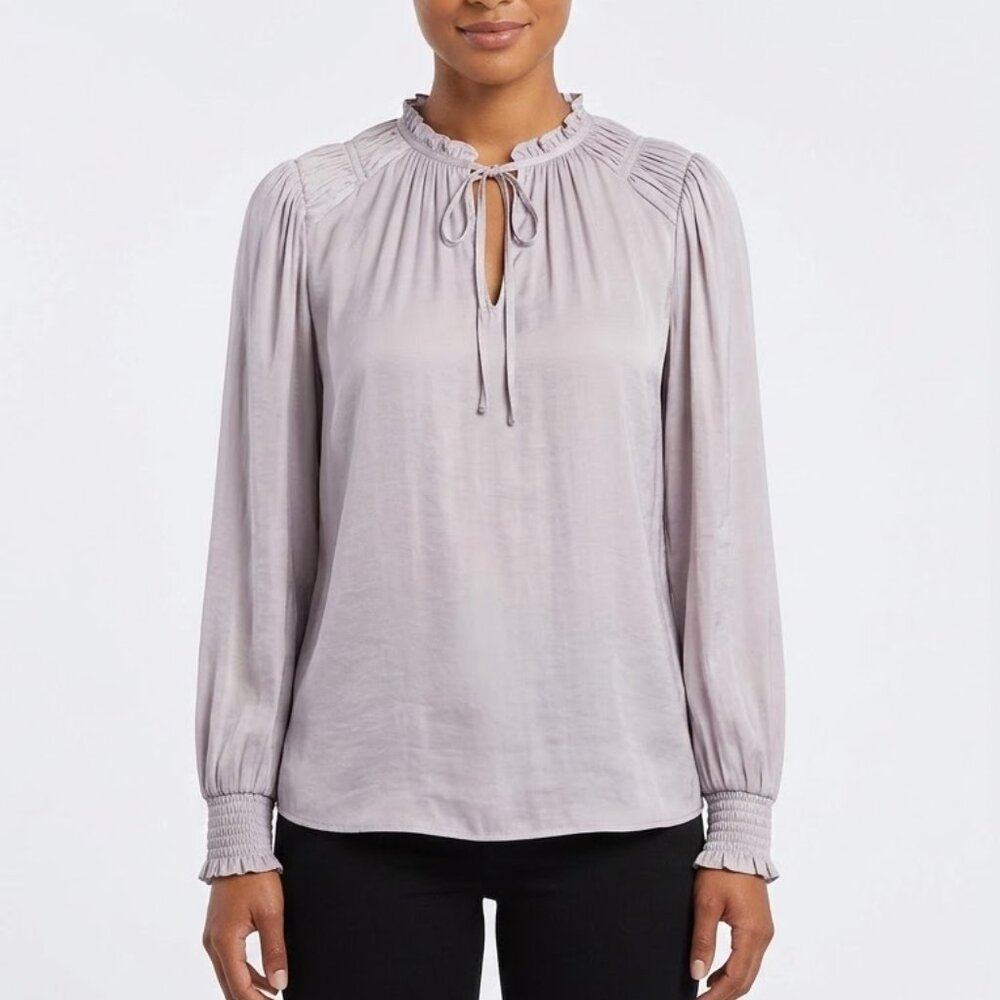 Rachel Roy Lavender Ruffle Tie Neck Blouse Smocked Cuff Long Sleeve Top XS